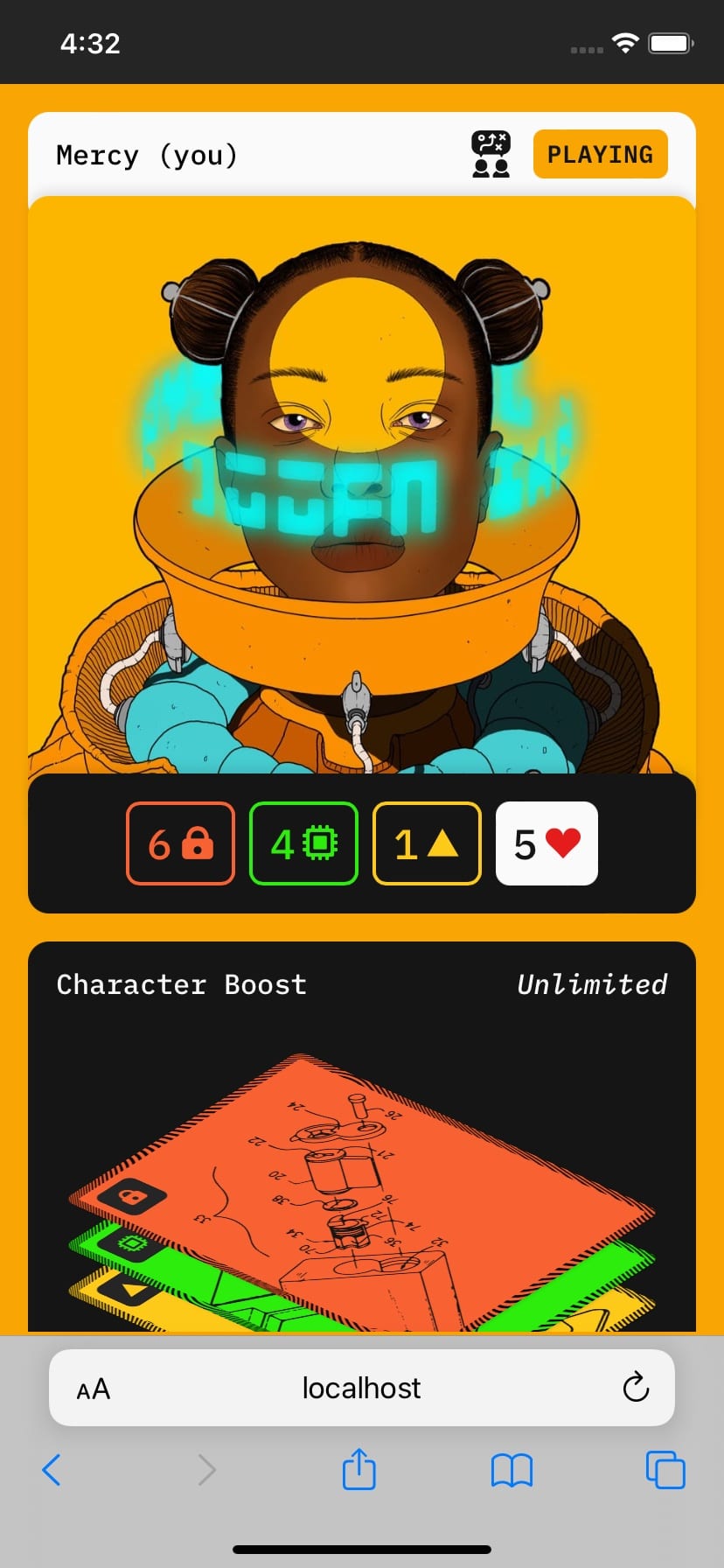 A mobile phone with a browser window representing a character for the game