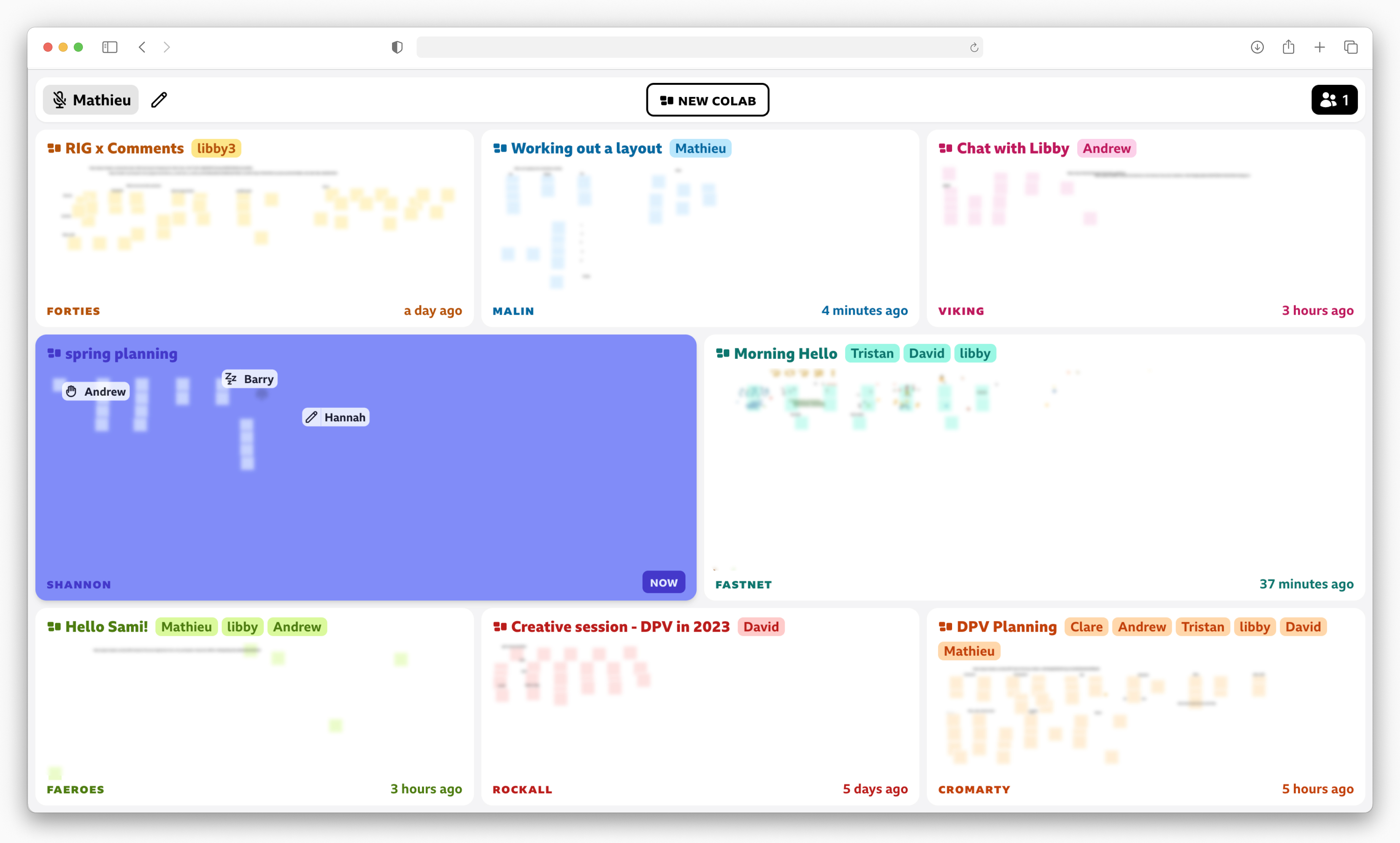 A browser window with a series of whiteboards